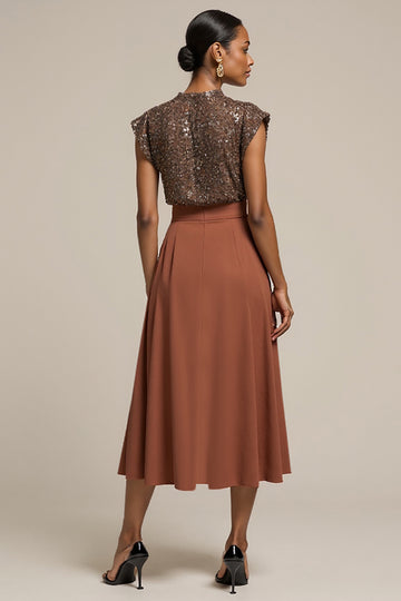 Sparkly Brown A Line Mirror Tea Length Work Dress with Beading
